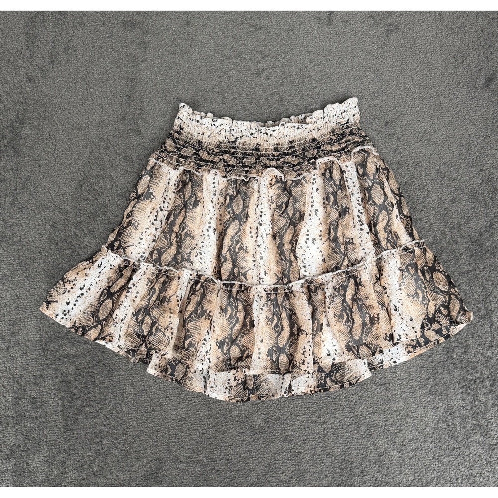 Altar'd State Snakeskin Print Smocked Tiered Ruffle Mini Skirt Brown Tan Large
